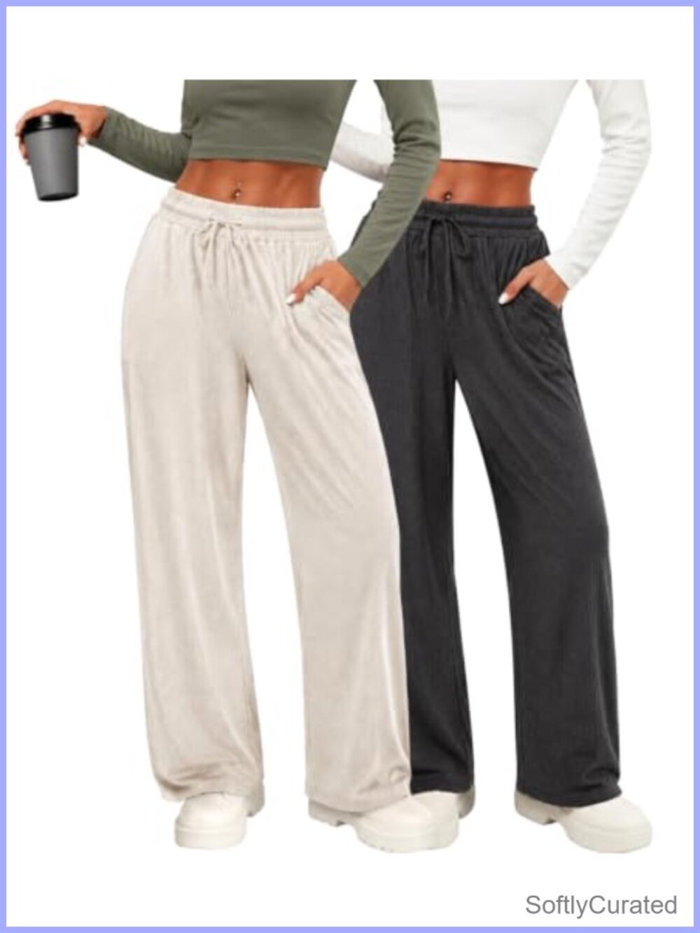Wide Leg Ribbed Knit Lounge Pants with Pockets Drawstring Pull On